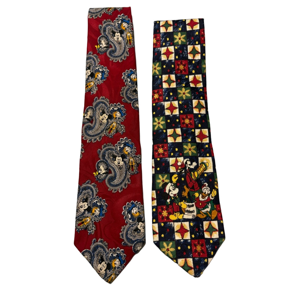Vintage Disney Character Necktie Lot of 2 Mickey Mouse Donald Duck Christmas